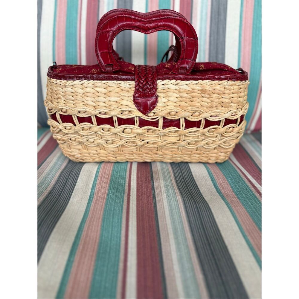 BRIGHTON Vintage "Marilyn" Woven Heart Satchel/Red Croco-Embossed Leather Trim - Picture 3 of 14